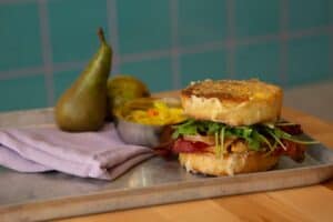 Bacon egg and cheese with chilli shallot jam on sourdough English muffin 300x200 - Bacon egg and cheese with chilli, shallot jam on sourdough English muffin
