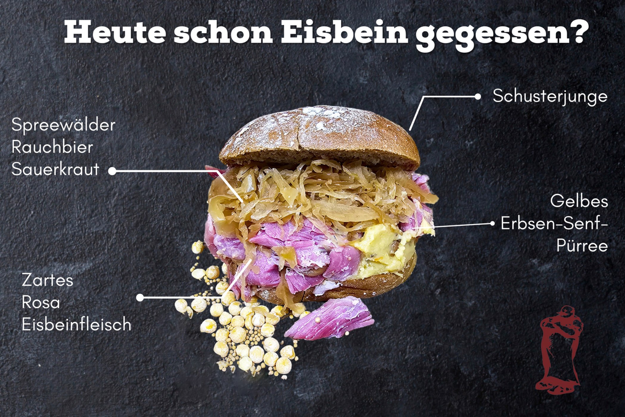 Eisbein Postkarte Vorderseite neu 2024 - streetfood, food-nomyblog, catering Altberliner Küche neu inszeniert: Pannek seine Budike