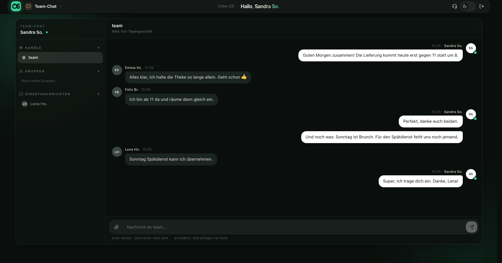 medien-tools, gastronomie Crew-OS: Weniger Papierkram, mehr Zeit für die Gastronomie bild 3 team chat - medien-tools, gastronomie Crew-OS: Weniger Papierkram, mehr Zeit für die Gastronomie